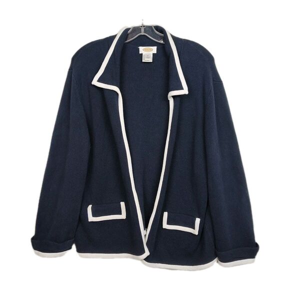 Talbots open front collared women's cardigan, size XL, blue, tipped w/ white - Picture 1 of 9